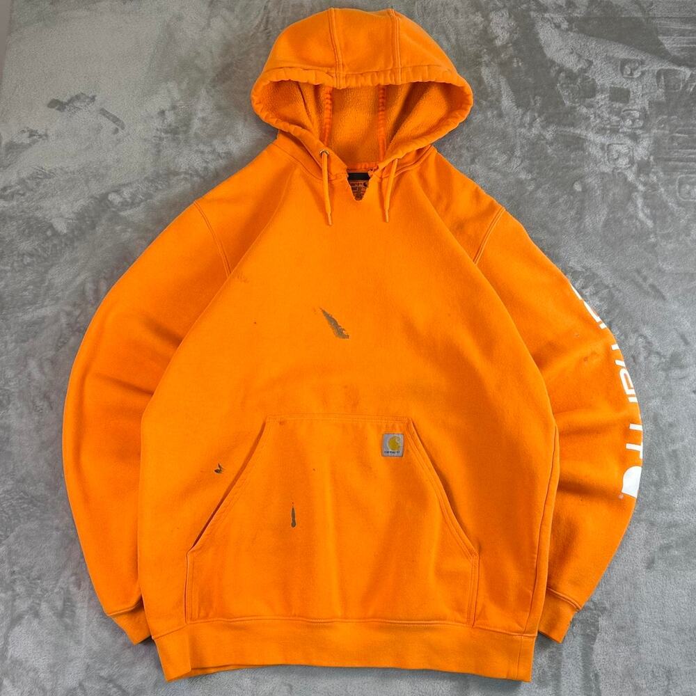 Distressed Carhartt Orange Hoodie Loose Fit L Tall Workwear Utility Pullover